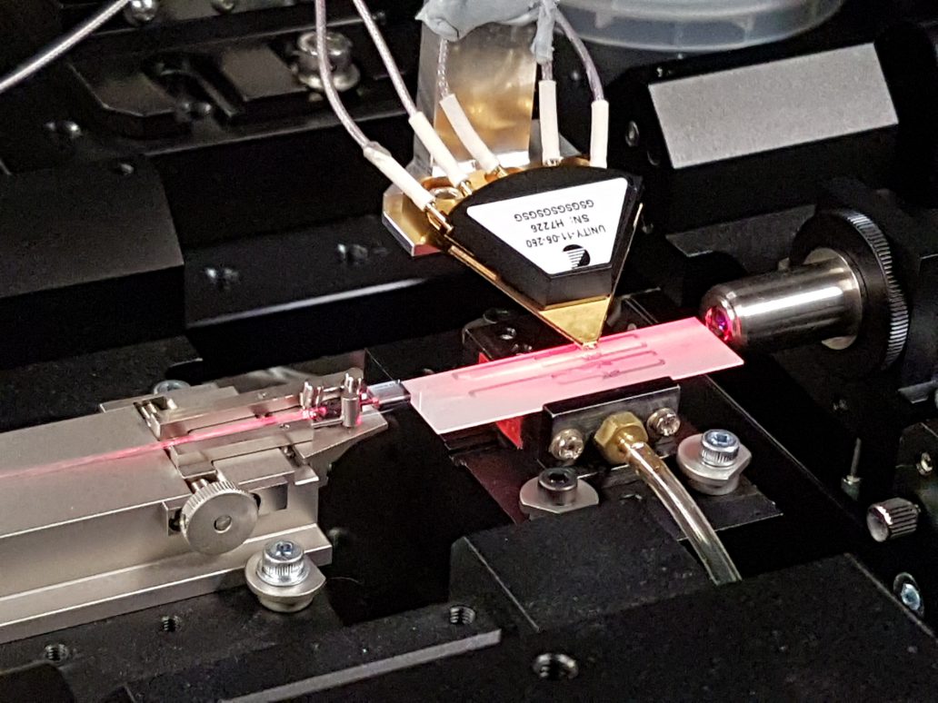 Photograph of an electro-optically reconfigurable waveguide chip